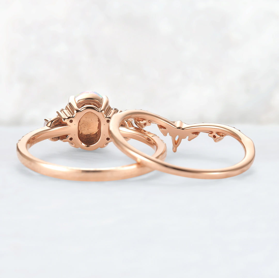 Unique Oval Shaped Natural Opal Vine Ring Set 2pcs