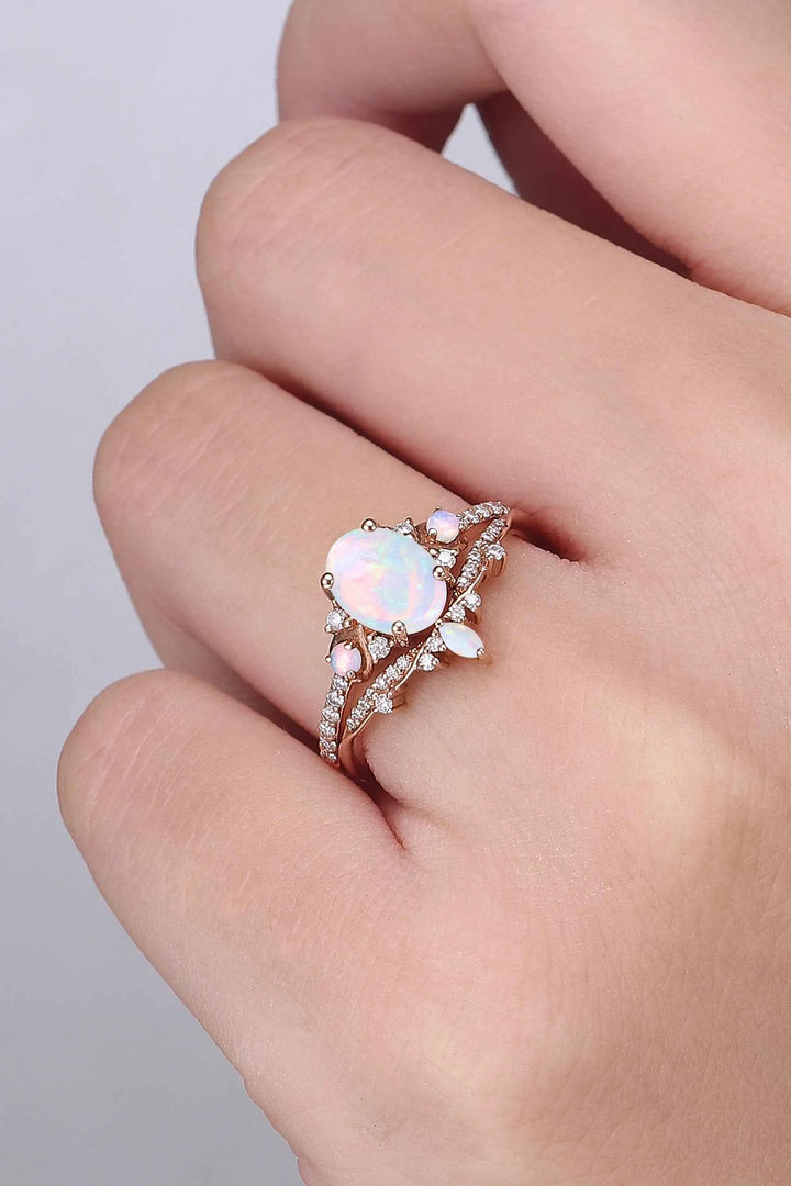 Unique Oval Shaped Natural Opal Vine Ring Set 2pcs