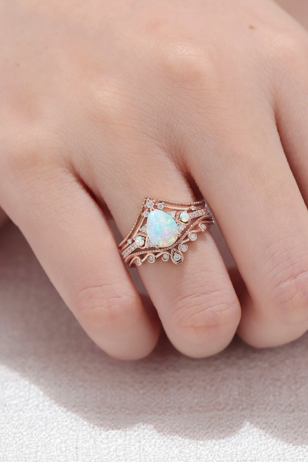 Unique Pear Shaped Natural Opal Vine Ring Set 3pcs