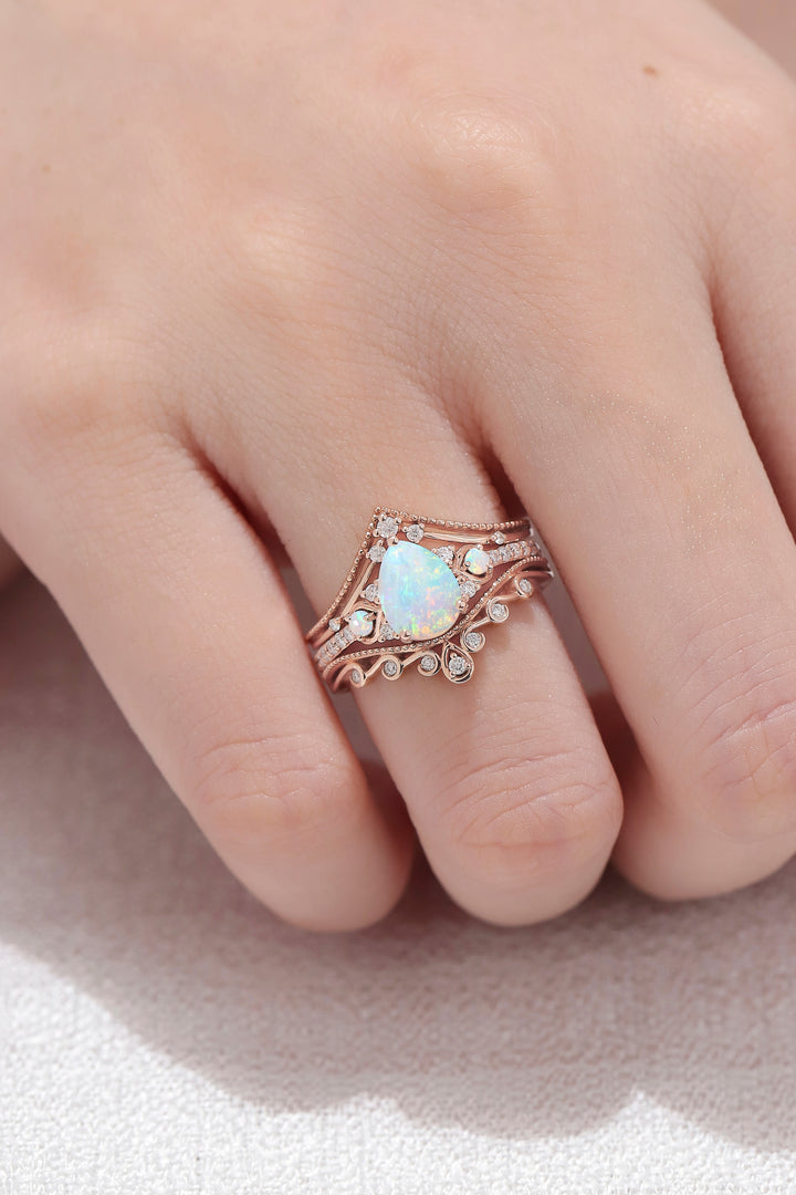 Unique Pear Shaped Natural Opal Vine Ring Set 3pcs