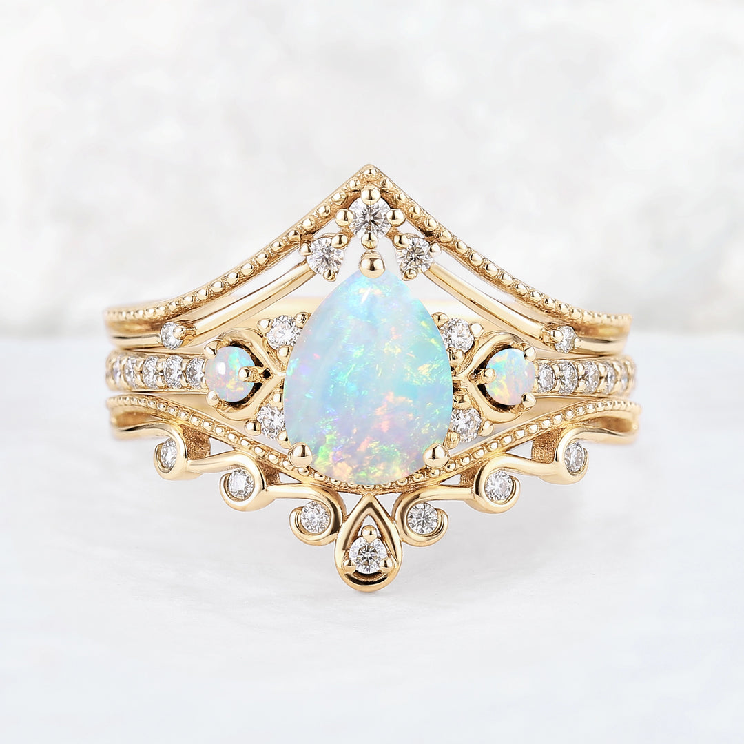 Unique Pear Shaped Natural Opal Vine Ring Set 3pcs