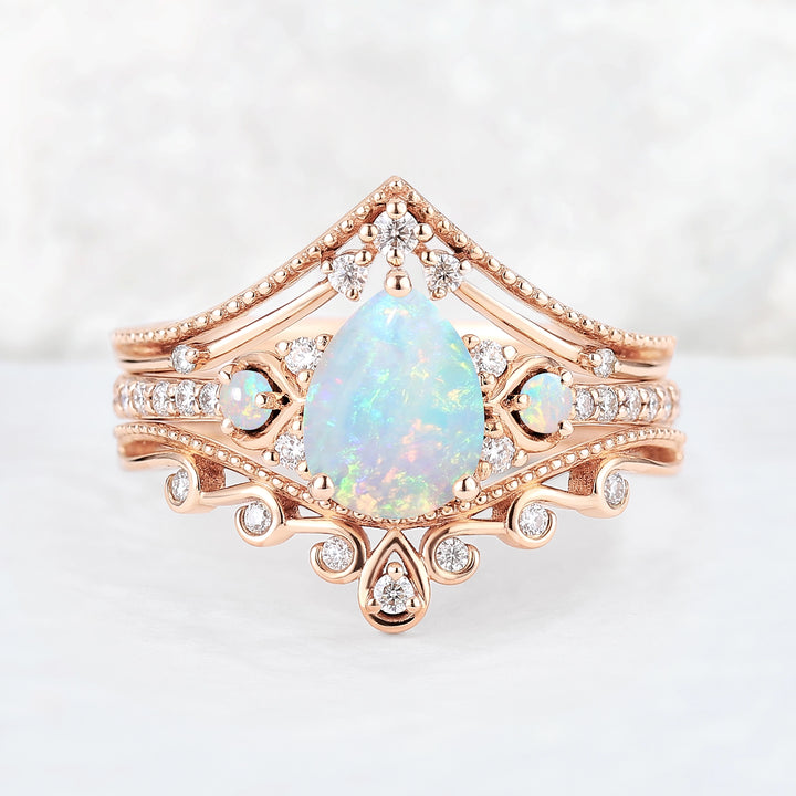 Unique Pear Shaped Natural Opal Vine Ring Set 3pcs