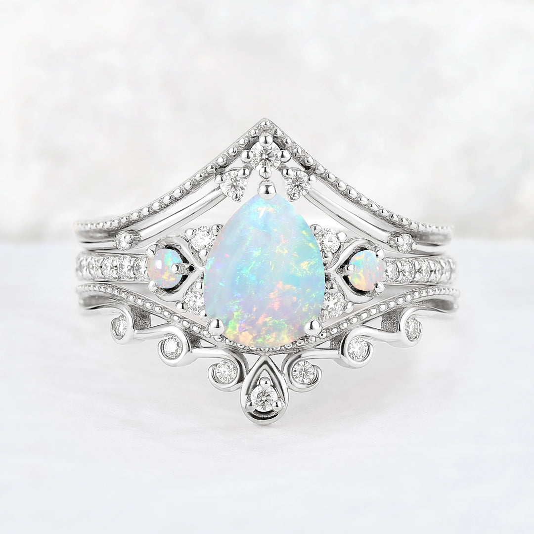 Unique Pear Shaped Natural Opal Vine Ring Set 3pcs