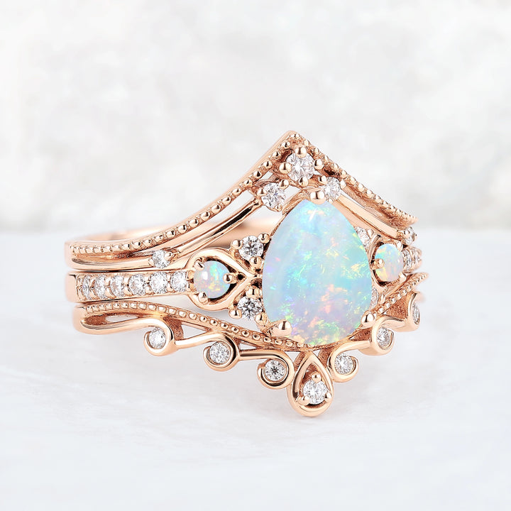Unique Pear Shaped Natural Opal Vine Ring Set 3pcs