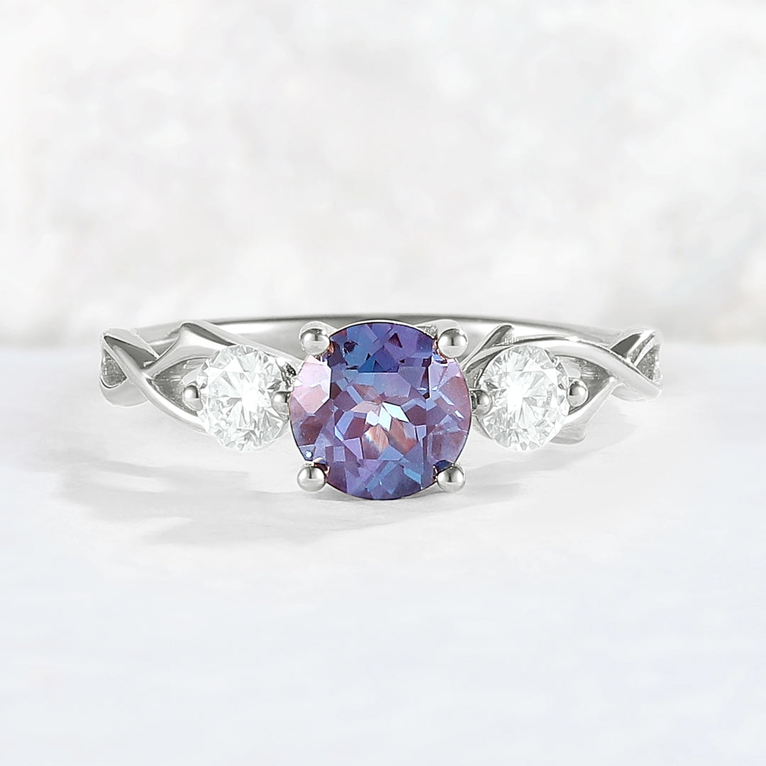   Unique Round Cut Alexandrite Moissanite Three Stone Ring