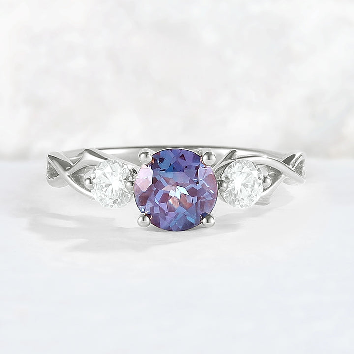   Unique Round Cut Alexandrite Moissanite Three Stone Ring