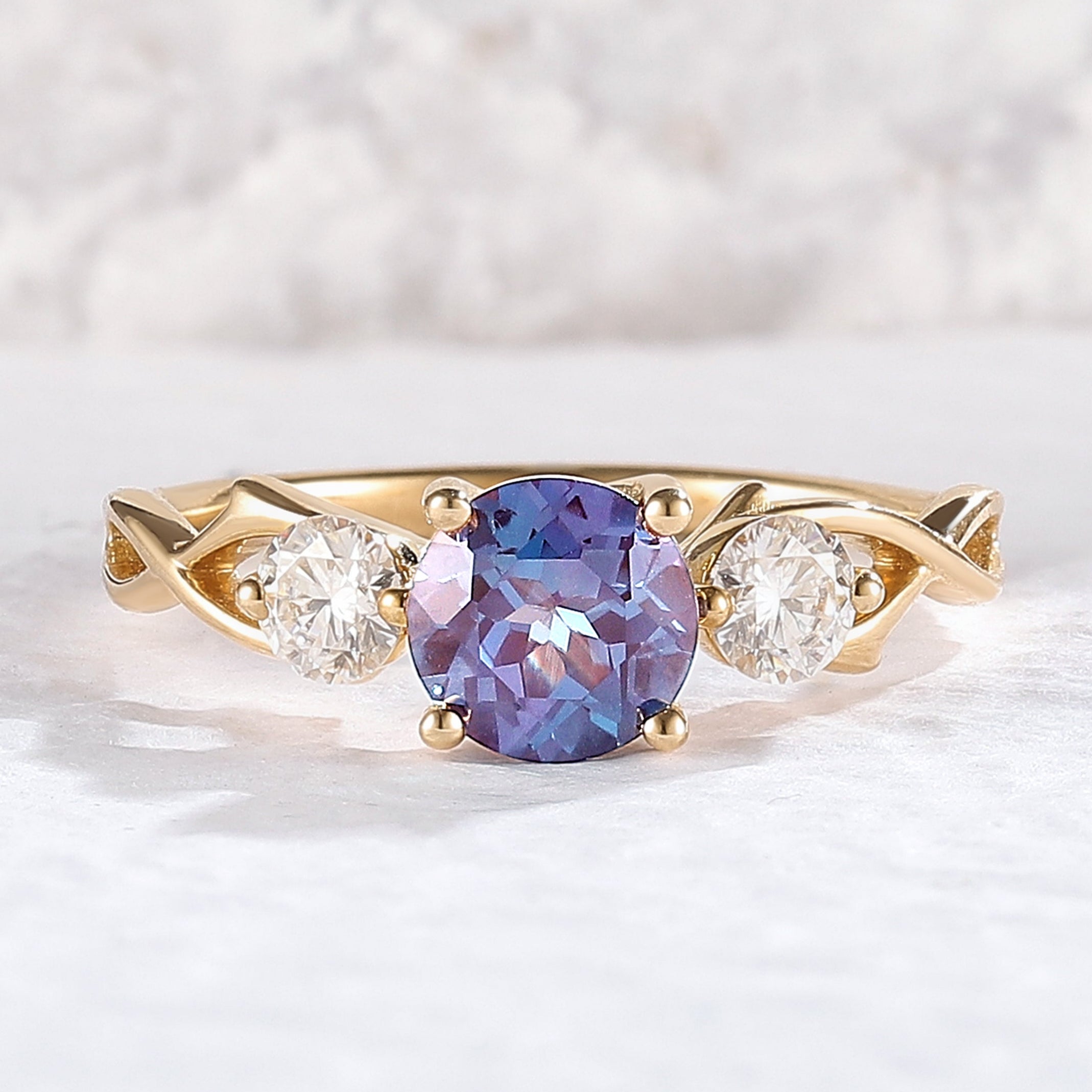 Unique Round Cut Alexandrite Moissanite Three Stone Ring