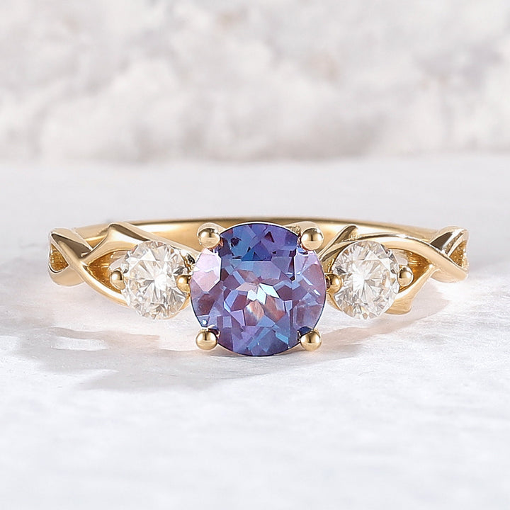Unique Round Cut Alexandrite Moissanite Three Stone Ring