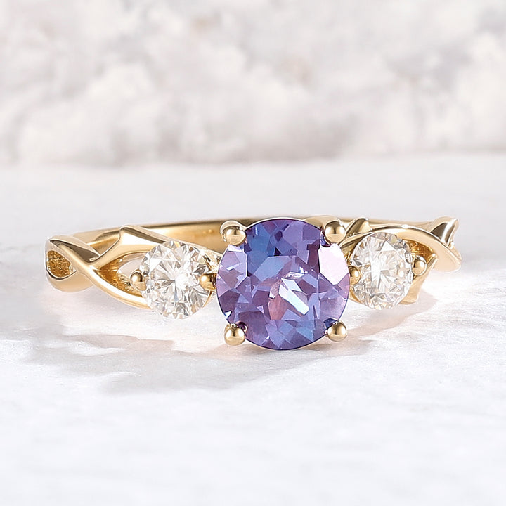 Unique Round Cut Alexandrite Moissanite Three Stone Ring