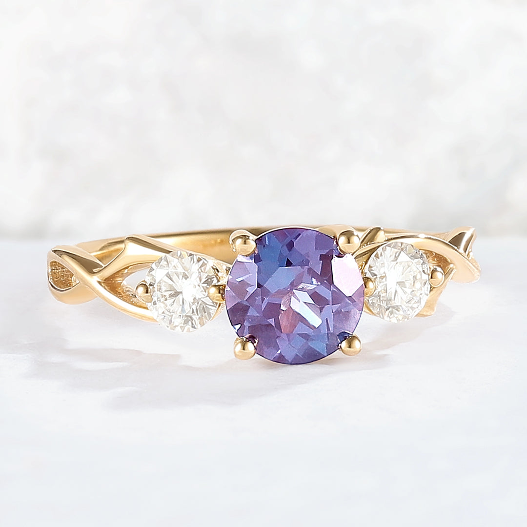 Unique Round Cut Alexandrite Moissanite Three Stone Ring