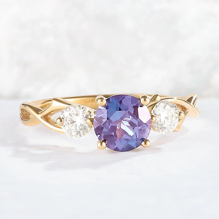 Unique Round Cut Alexandrite Moissanite Three Stone Ring