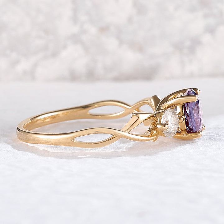 Unique Round Cut Alexandrite Moissanite Three Stone Ring