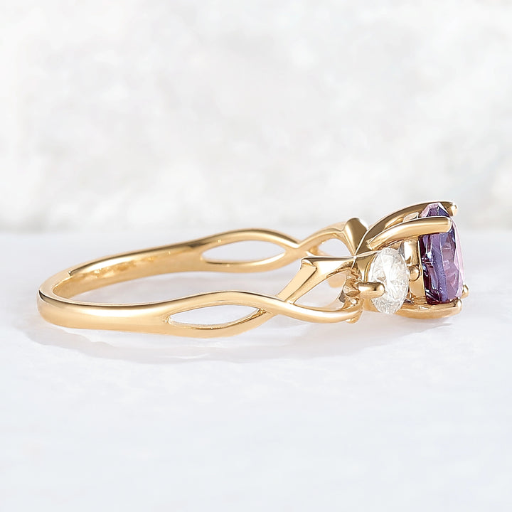 Unique Round Cut Alexandrite Moissanite Three Stone Ring