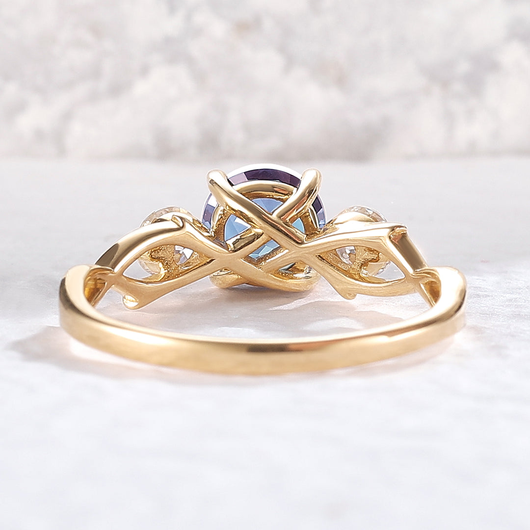 Unique Round Cut Alexandrite Moissanite Three Stone Ring