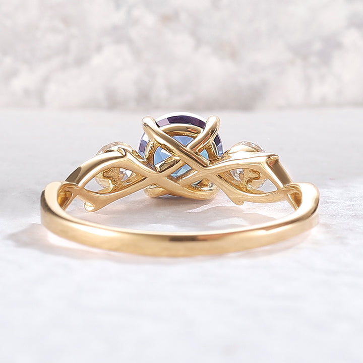 Unique Round Cut Alexandrite Moissanite Three Stone Ring