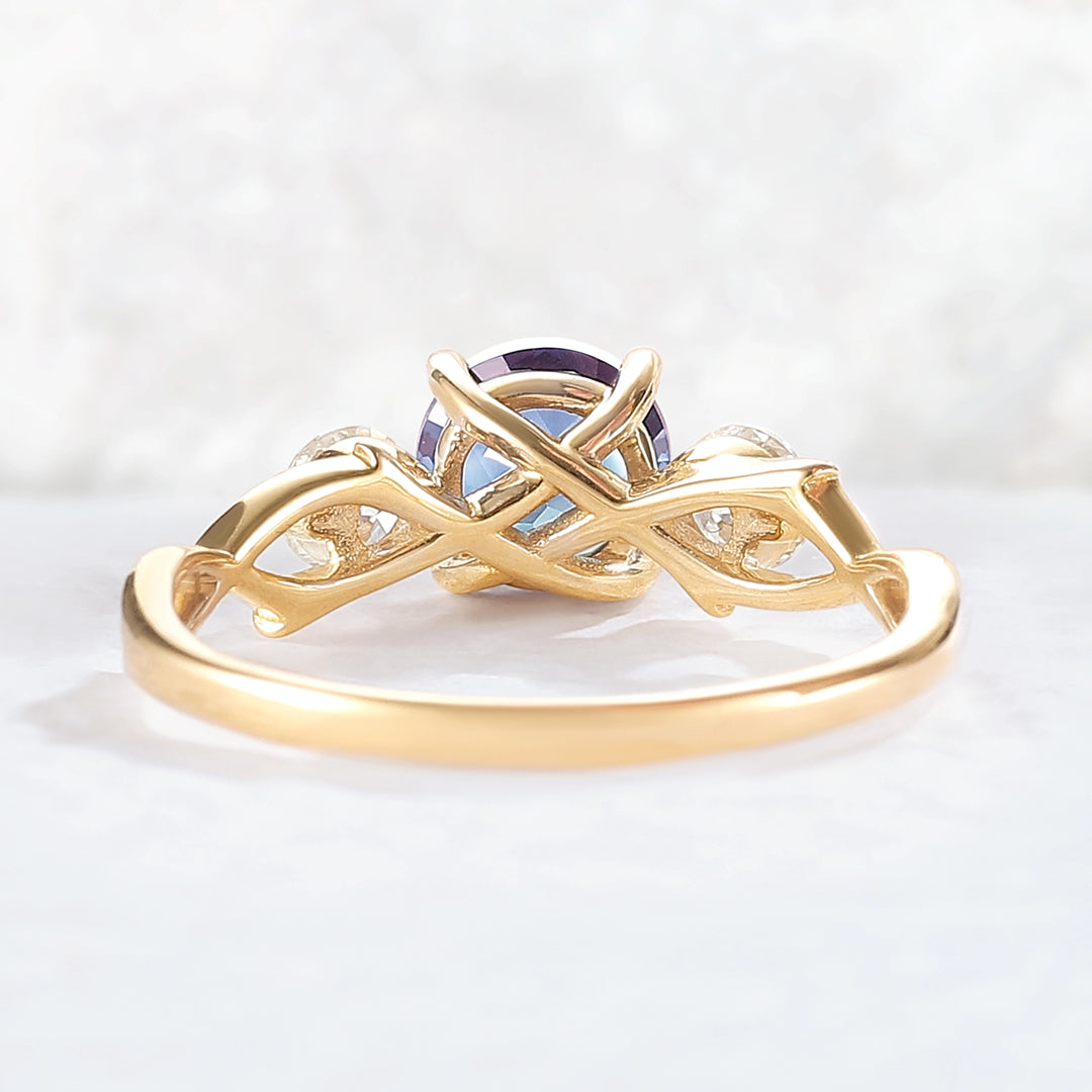 Unique Round Cut Alexandrite Moissanite Three Stone Ring