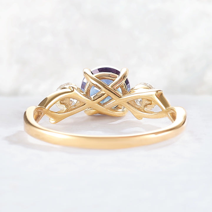 Unique Round Cut Alexandrite Moissanite Three Stone Ring