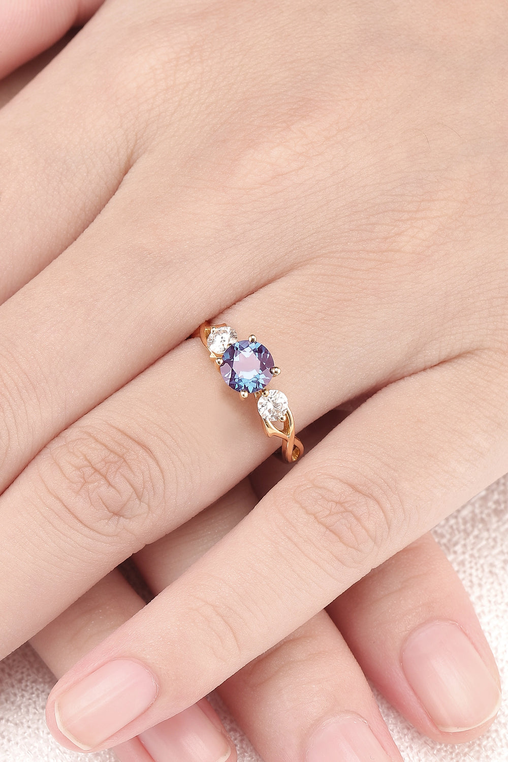   Unique Round Cut Alexandrite Moissanite Three Stone Ring
