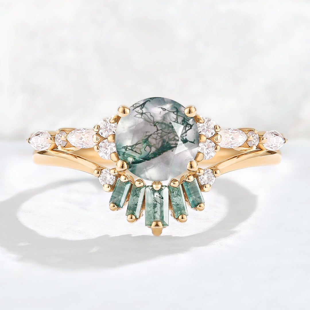 Unique Round Cut Moss Agate Captivating Ring Set 2pcs