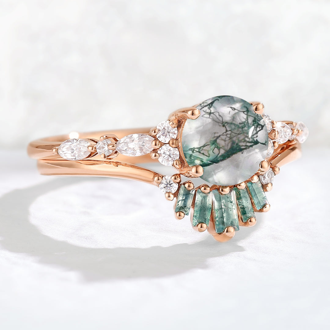 Unique Round Cut Moss Agate Captivating Ring Set 2pcs