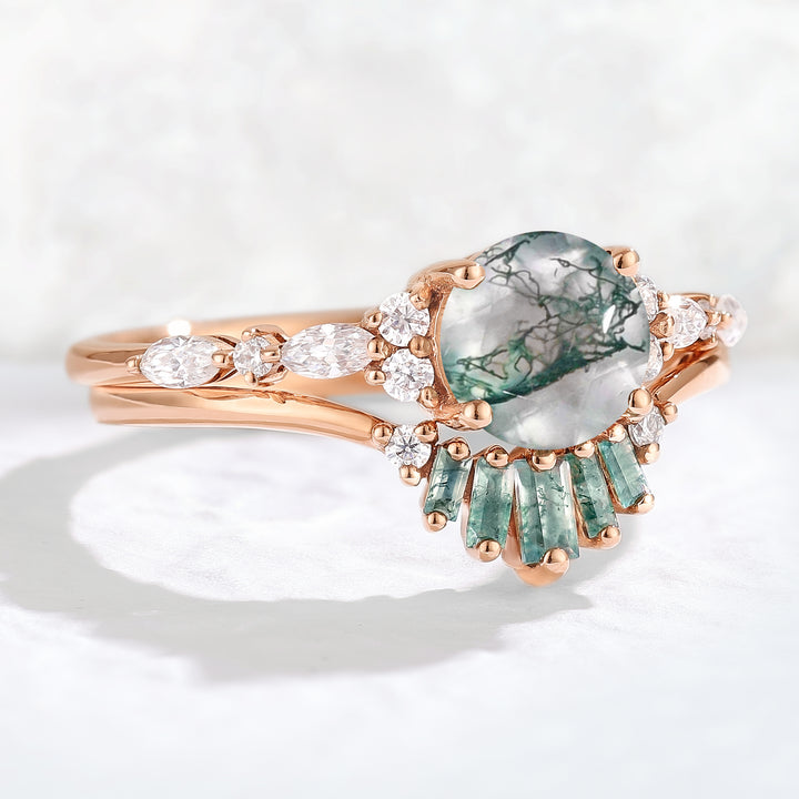 Unique Round Cut Moss Agate Captivating Ring Set 2pcs