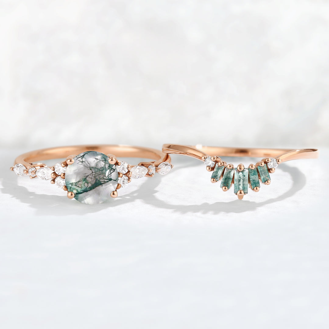 Unique Round Cut Moss Agate Captivating Ring Set 2pcs