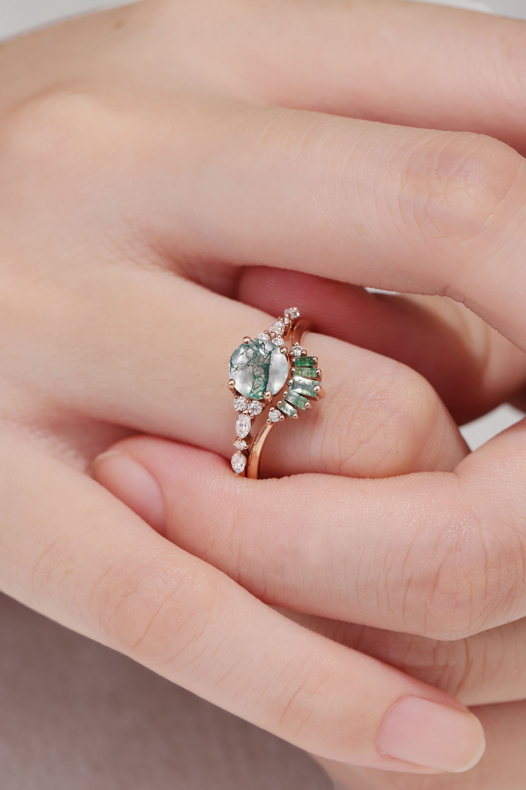 Unique Round Cut Moss Agate Captivating Ring Set 2pcs