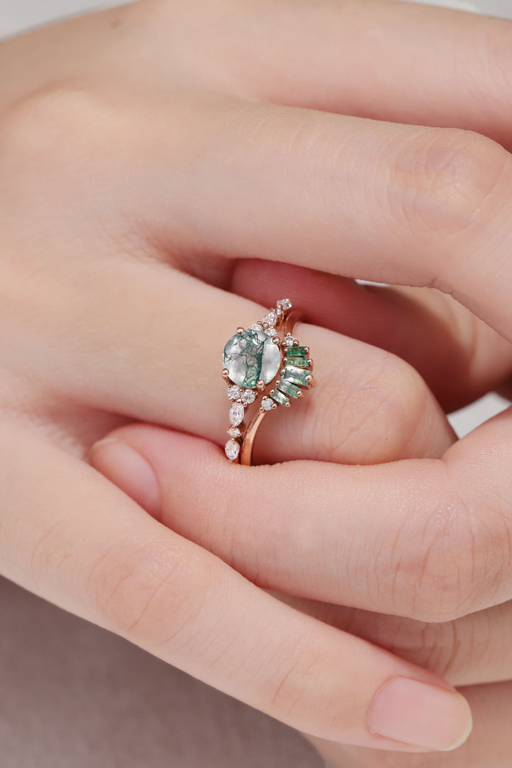 Unique Round Cut Moss Agate Captivating Ring Set 2pcs