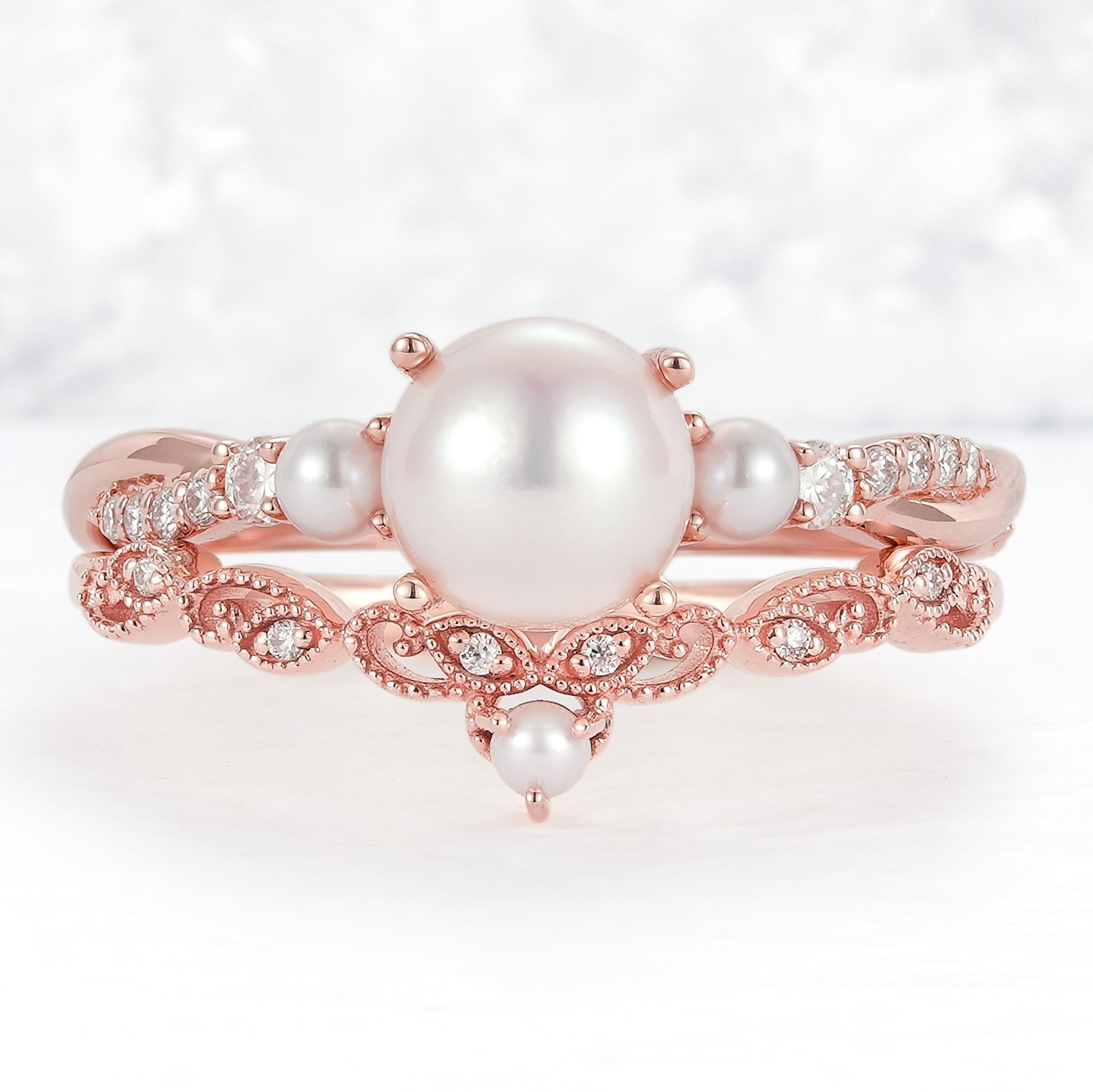 Unique Round Pearl Twisted Ring Set 2pcs - Iver Jewelry