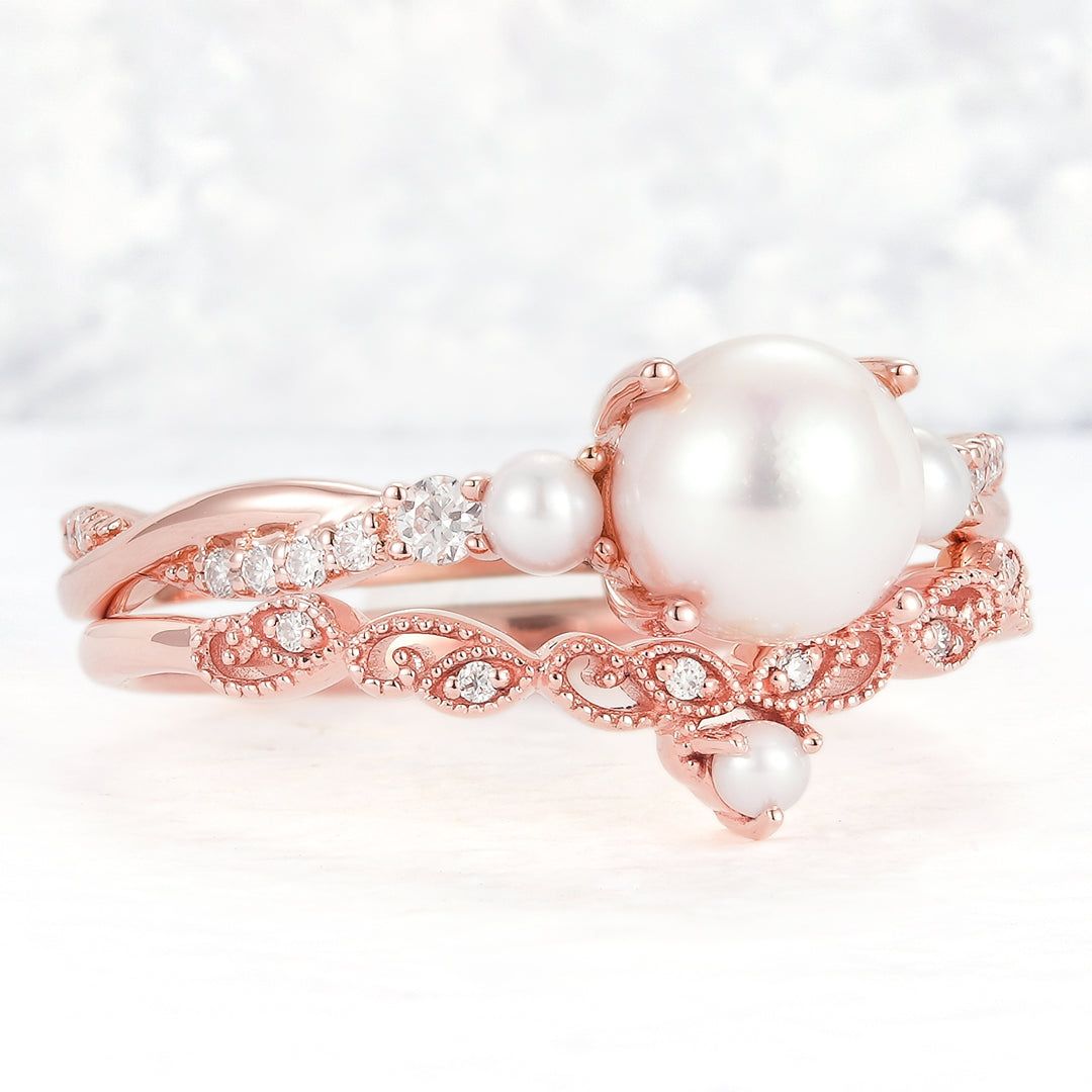 Unique Round Pearl Twisted Ring Set 2pcs