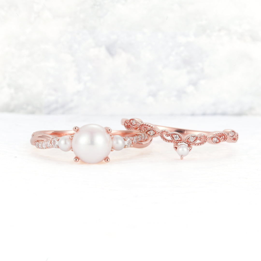 Unique Round Pearl Twisted Ring Set 2pcs