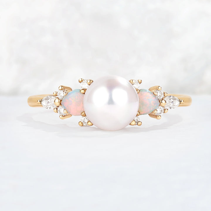 Unique Round Pearl and Opal Decor Gemstone Ring