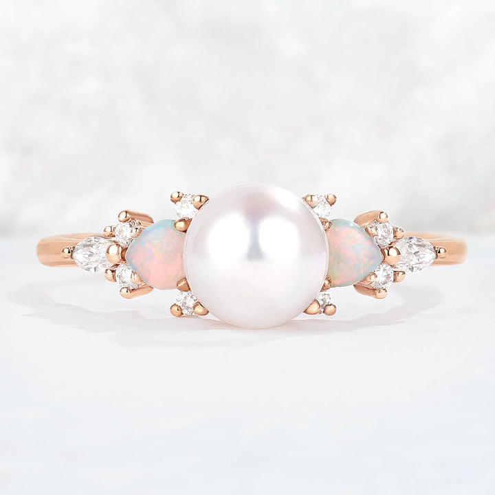Unique Round Pearl and Opal Decor Gemstone Ring