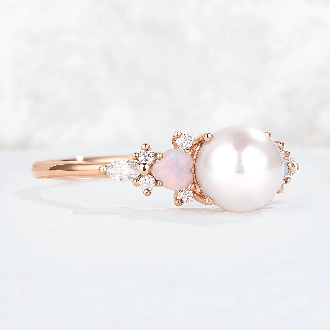Unique Round Pearl and Opal Decor Gemstone Ring