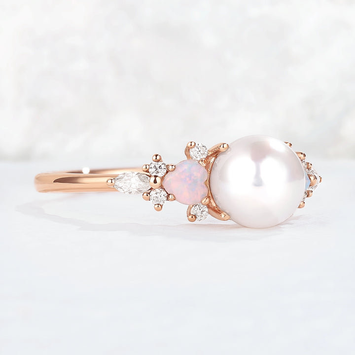 Unique Round Pearl and Opal Decor Gemstone Ring
