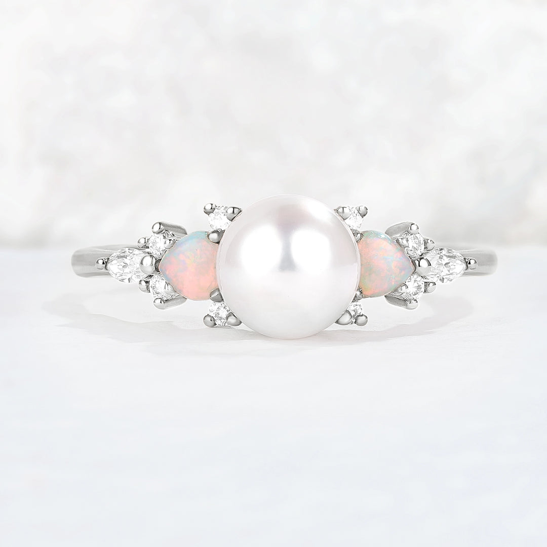 Unique Round Pearl and Opal Decor Gemstone Ring