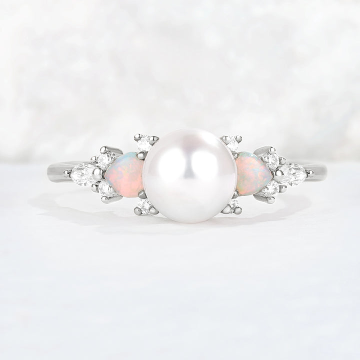 Unique Round Pearl and Opal Decor Gemstone Ring