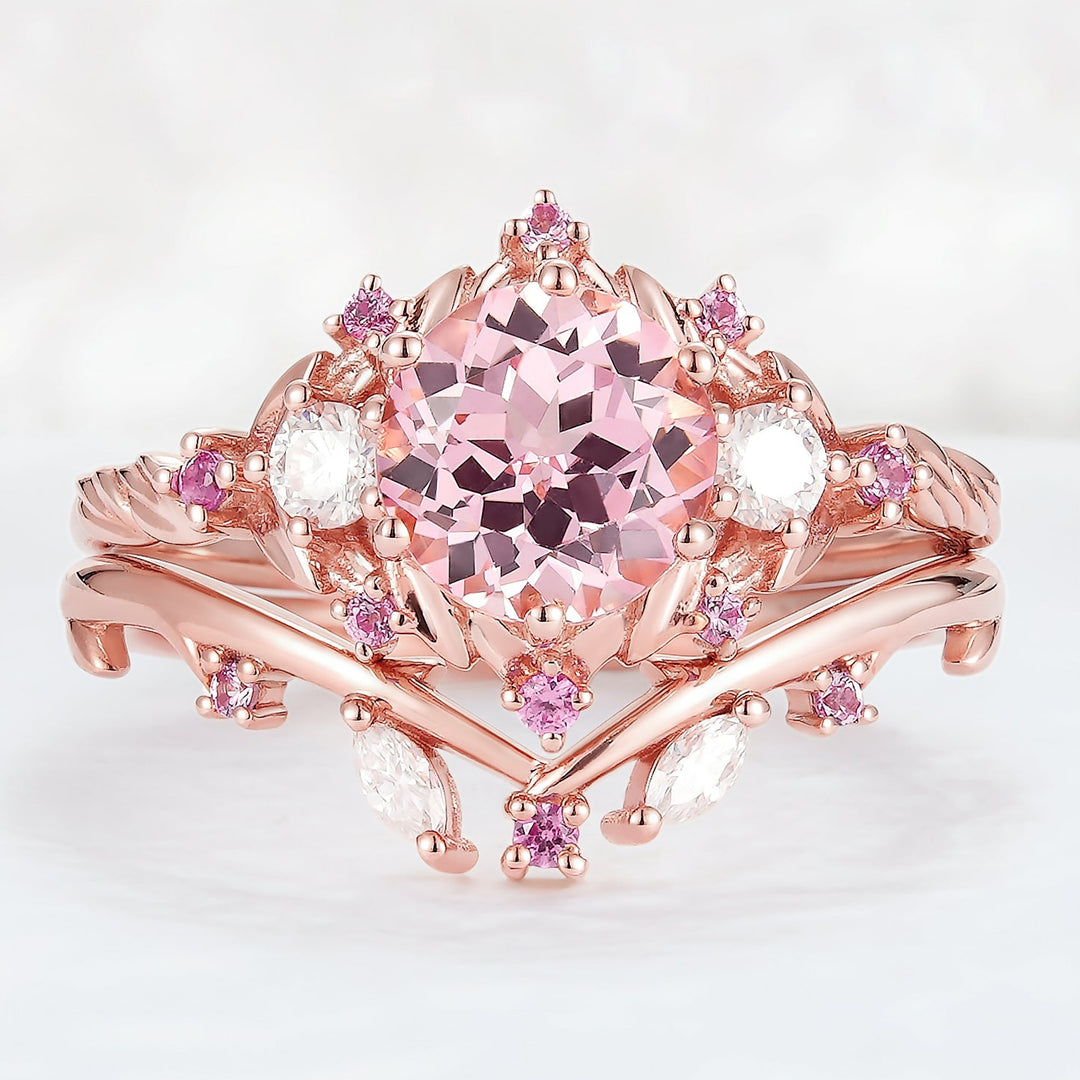 Unique Round Pink Sapphire and Moissanite Engagement Ring Set 2pcs