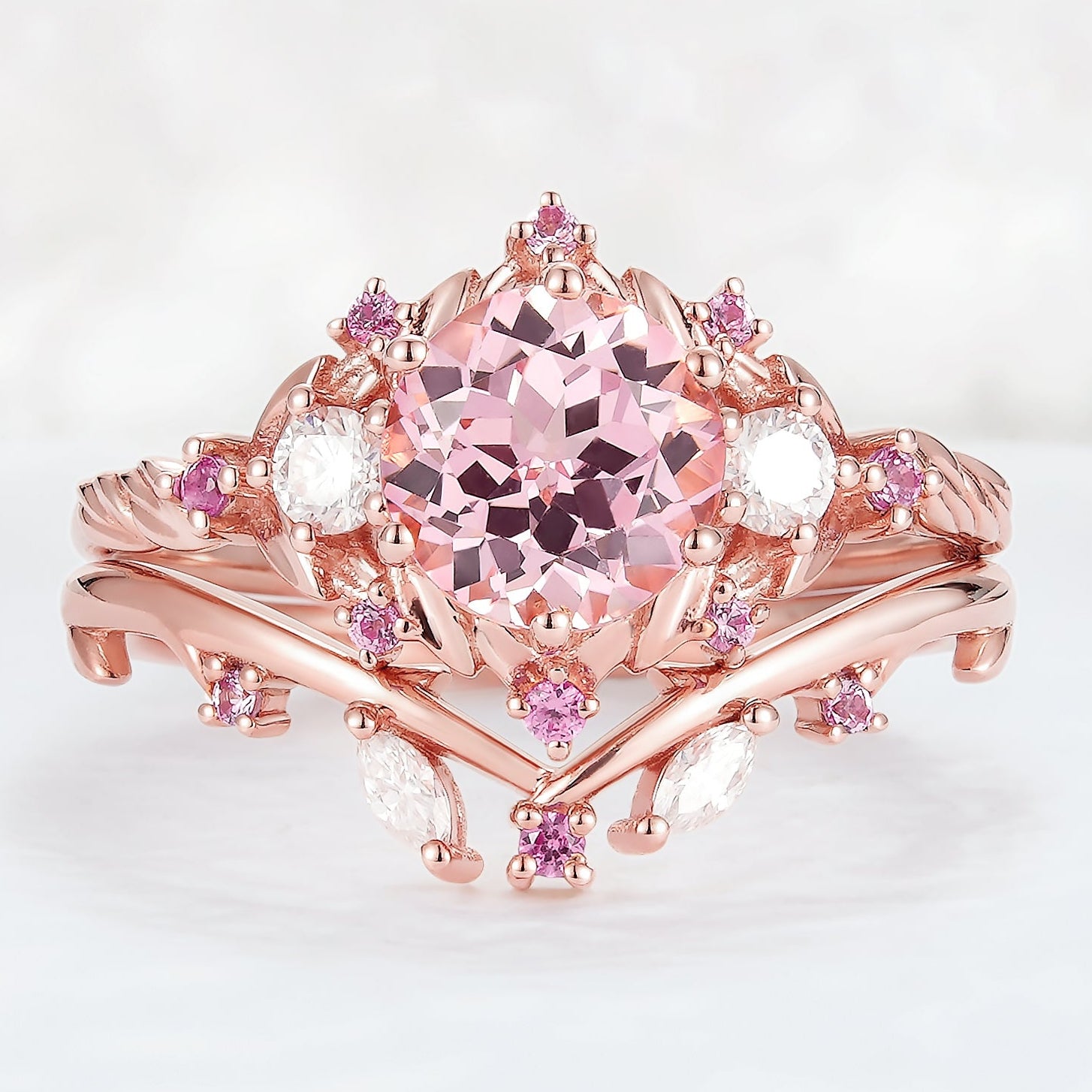 Unique Round Pink Sapphire and Moissanite Engagement Ring Set 2pcs