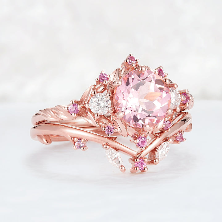 Unique Round Pink Sapphire and Moissanite Engagement Ring Set 2pcs-3