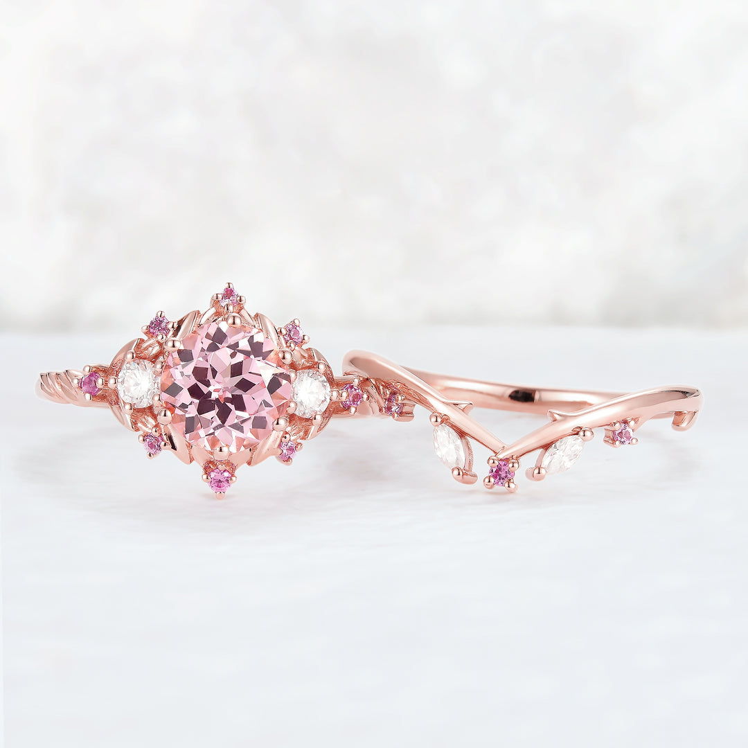 Unique Round Pink Sapphire and Moissanite Engagement Ring Set 2pcs-5