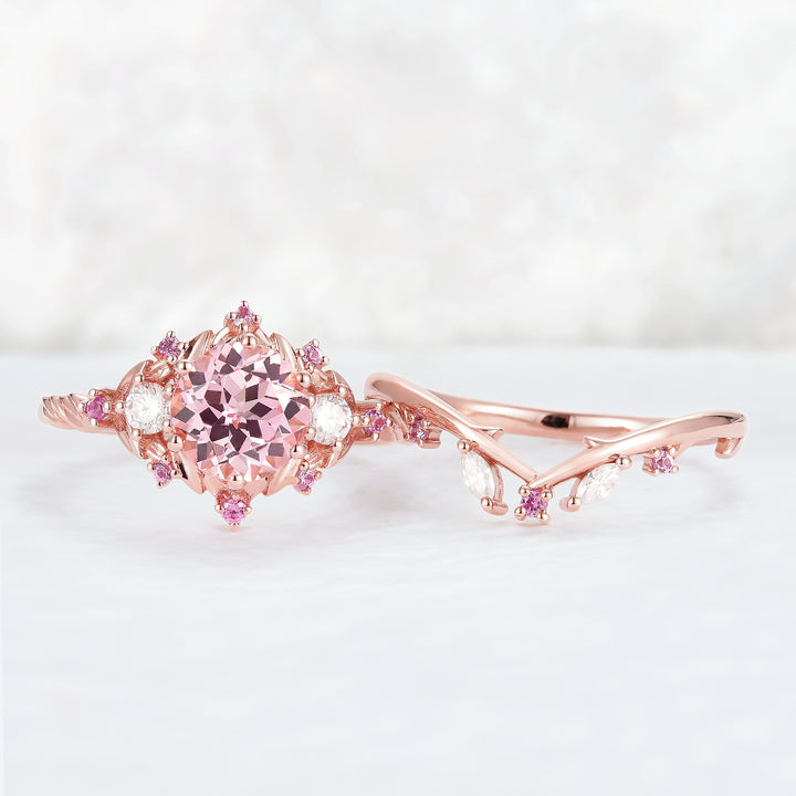 Unique Round Pink Sapphire and Moissanite Engagement Ring Set 2pcs-5