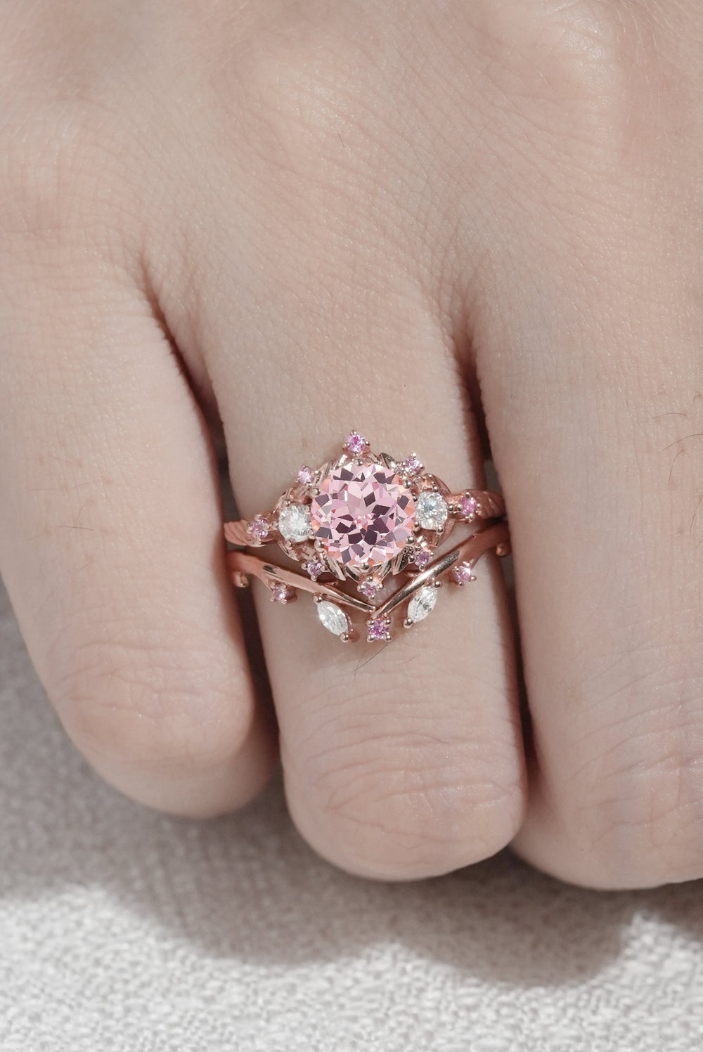 Unique Round Pink Sapphire and Moissanite Engagement Ring Set 2pcs