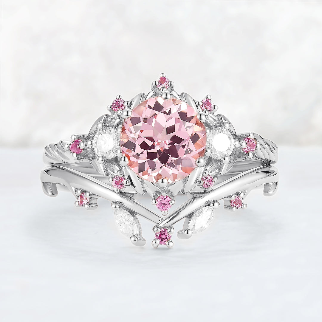 Unique Round Pink Sapphire and Moissanite Gemstone Ring Set 2pcs