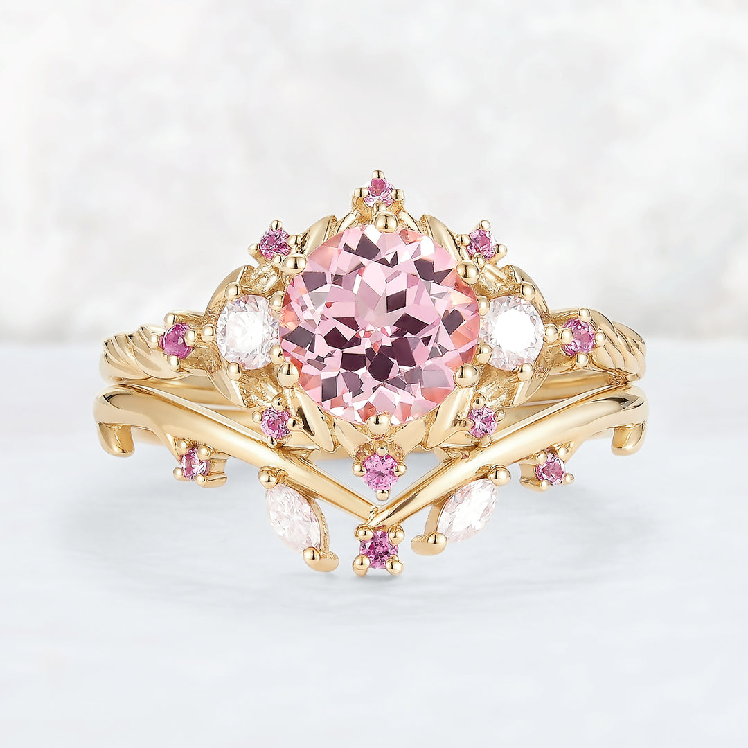 Unique Round Pink Sapphire and Moissanite Gemstone Ring Set 2pcs