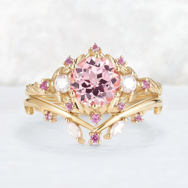 Unique Round Pink Sapphire and Moissanite Gemstone Ring Set 2pcs