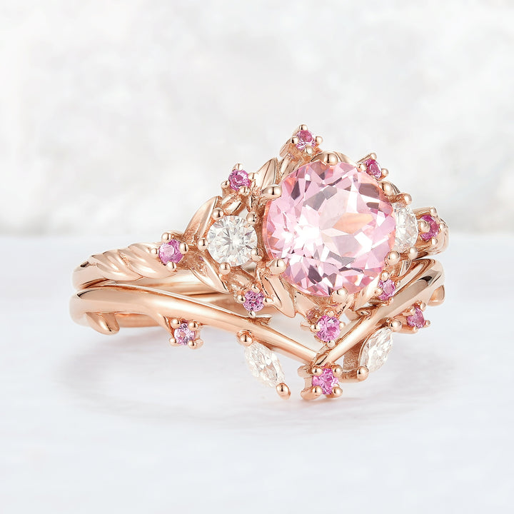 Unique Round Pink Sapphire and Moissanite Gemstone Ring Set 2pcs