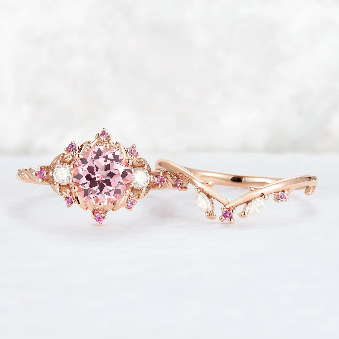 Unique Round Pink Sapphire and Moissanite Gemstone Ring Set 2pcs