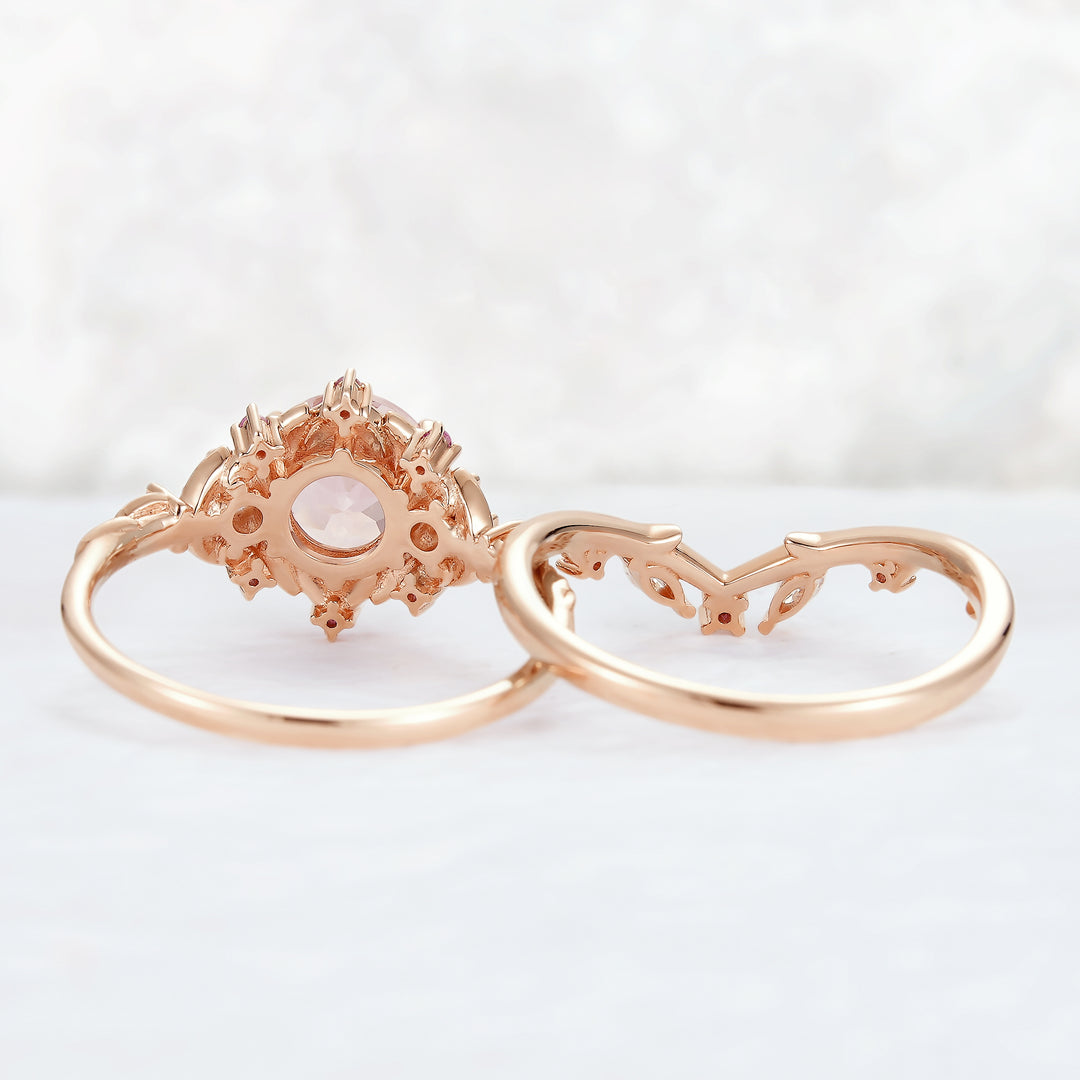 Unique Round Pink Sapphire and Moissanite Gemstone Ring Set 2pcs