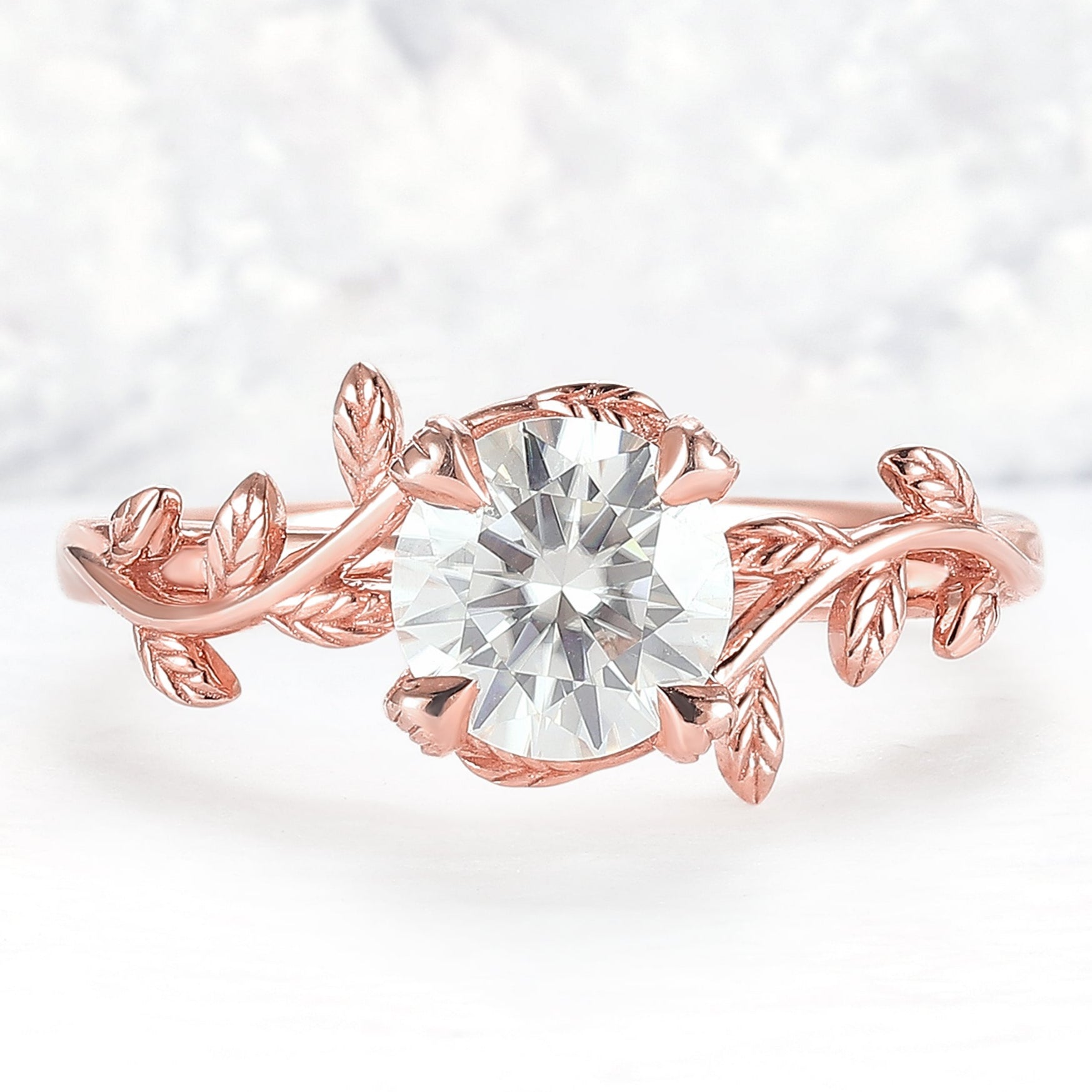 Unique Round Shaped Moissanite Leaf Ring